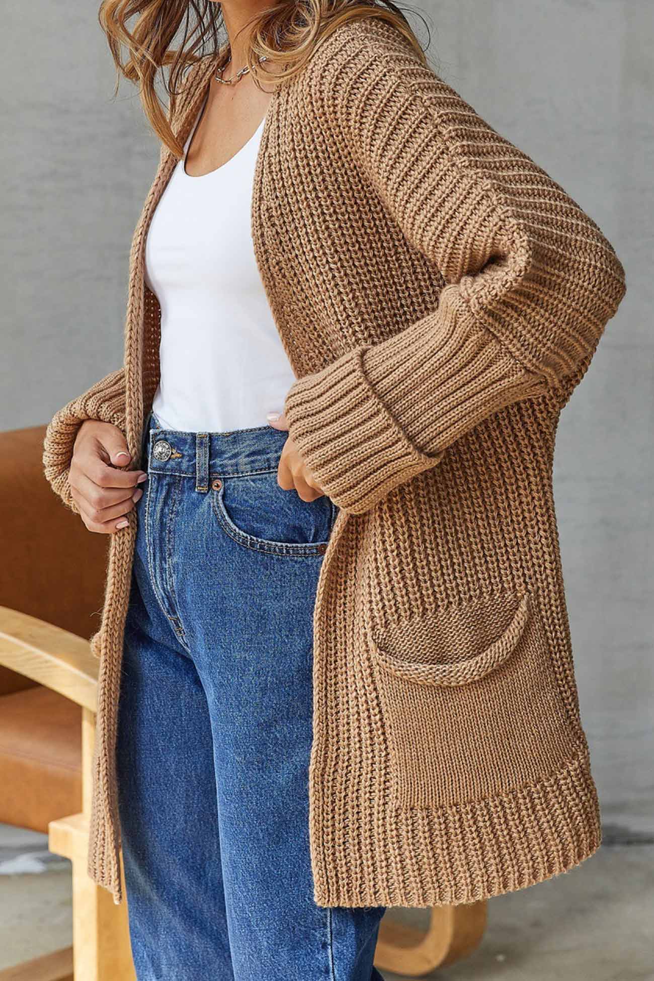 Cardigan Long Ouvert avec Nœud - Pour un Style Décontracté Chic